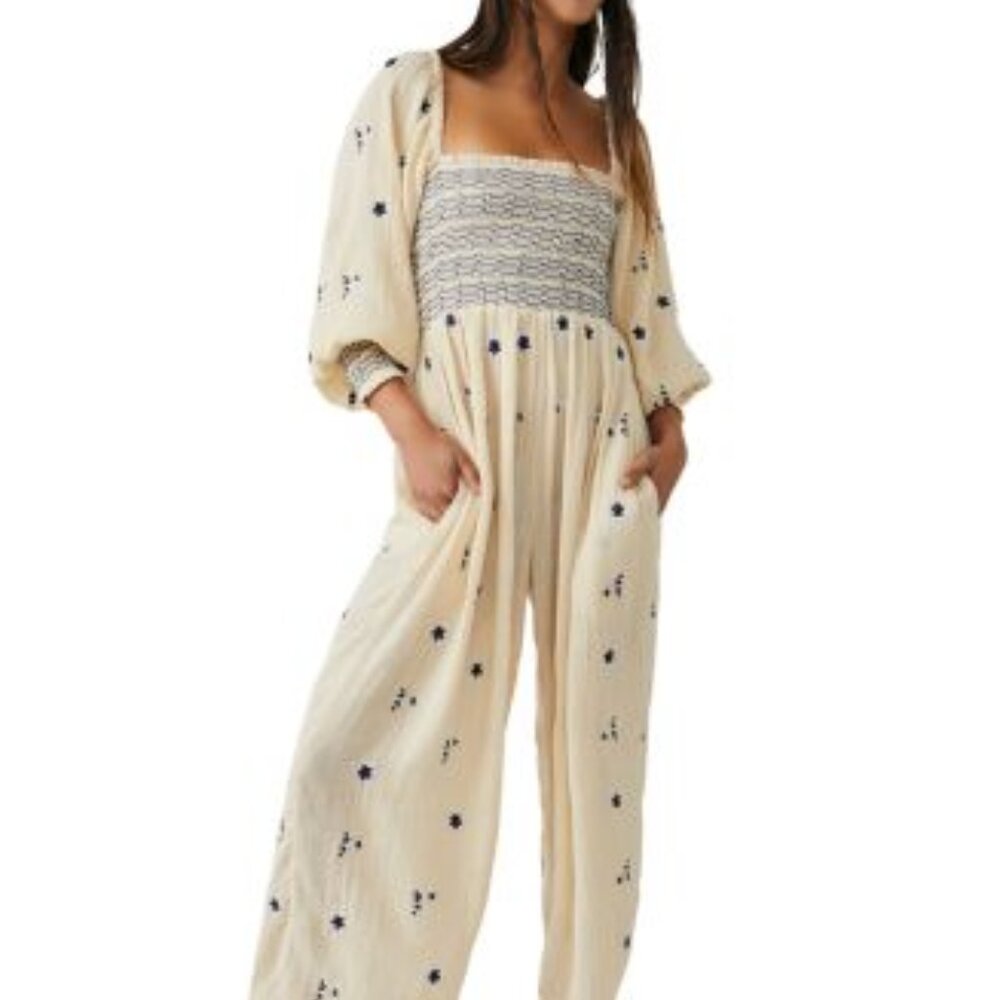 Free People Dahlia Smocked Jumpsuit- Washed Out, M, NWOT